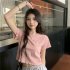 Women Short Sleeves Blouse Trendy Round Neck Sweet Embroidered Ruffled T shirt Sexy Slim Fit Crop Tops fog blue L