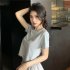 Women Short Sleeves Blouse Trendy Round Neck Sweet Embroidered Ruffled T shirt Sexy Slim Fit Crop Tops fog blue L