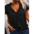 Women Short Sleeves Blouse Fashion V Neck Elegant Ruffled T-shirt Simple Solid Color Casual Pullover Tops black S