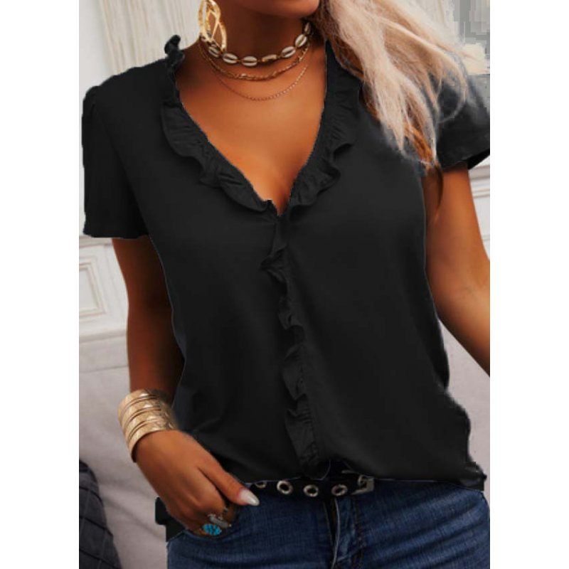 Women Short Sleeves Blouse Fashion V Neck Elegant Ruffled T-shirt Simple Solid Color Casual Pullover Tops black S