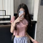 Women Short Sleeves Blouse Trendy Round Neck Sweet Embroidered Ruffled T-shirt Sexy Slim Fit Crop Tops pink M