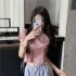 Women Short Sleeves Blouse Trendy Round Neck Sweet Embroidered Ruffled T shirt Sexy Slim Fit Crop Tops pink L