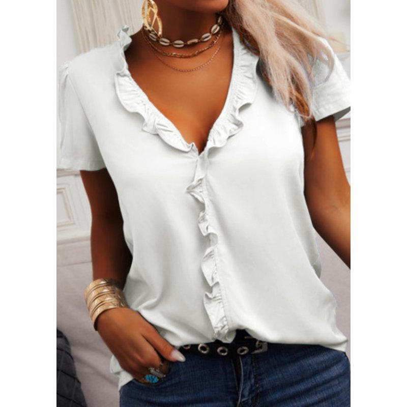 Women Short Sleeves Blouse Fashion V Neck Elegant Ruffled T-shirt Simple Solid Color Casual Pullover Tops White M