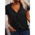 Women Short Sleeves Blouse Fashion V Neck Elegant Ruffled T shirt Simple Solid Color Casual Pullover Tops White M