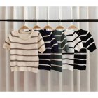 Women Short Sleeves Blouse Retro Round Neck Trendy Striped Knitted Shirt Casual Ice Silk Pullover Crop Tops White one size