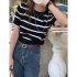 Women Short Sleeves Blouse Retro Round Neck Trendy Striped Knitted Shirt Casual Ice Silk Pullover Crop Tops green one size