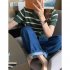 Women Short Sleeves Blouse Retro Round Neck Trendy Striped Knitted Shirt Casual Ice Silk Pullover Crop Tops green one size