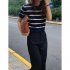 Women Short Sleeves Blouse Retro Round Neck Trendy Striped Knitted Shirt Casual Ice Silk Pullover Crop Tops green one size