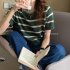 Women Short Sleeves Blouse Retro Round Neck Trendy Striped Knitted Shirt Casual Ice Silk Pullover Crop Tops green one size