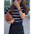 Women Short Sleeves Blouse Retro Round Neck Trendy Striped Knitted Shirt Casual Ice Silk Pullover Crop Tops green one size
