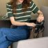 Women Short Sleeves Blouse Retro Round Neck Trendy Striped Knitted Shirt Casual Ice Silk Pullover Crop Tops green one size
