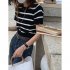 Women Short Sleeves Blouse Retro Round Neck Trendy Striped Knitted Shirt Casual Ice Silk Pullover Crop Tops green one size
