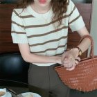 Women Short Sleeves Blouse Retro Round Neck Trendy Striped Knitted Shirt Casual Ice Silk Pullover Crop Tops apricot one size