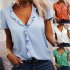 Women Short Sleeves Blouse Fashion V Neck Elegant Ruffled T shirt Simple Solid Color Casual Pullover Tops White 3XL