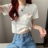 Women Short Sleeves Blouse Trendy Round Neck Sweet Embroidered Ruffled T shirt Sexy Slim Fit Crop Tops fog blue XXL