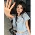Women Short Sleeves Blouse Trendy Round Neck Sweet Embroidered Ruffled T shirt Sexy Slim Fit Crop Tops fog blue XXL