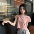 Women Short Sleeves Blouse Trendy Round Neck Sweet Embroidered Ruffled T shirt Sexy Slim Fit Crop Tops fog blue XXL