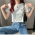 Women Short Sleeves Blouse Trendy Round Neck Sweet Embroidered Ruffled T shirt Sexy Slim Fit Crop Tops fog blue XXL