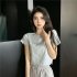 Women Short Sleeves Blouse Trendy Round Neck Sweet Embroidered Ruffled T shirt Sexy Slim Fit Crop Tops fog blue XXL