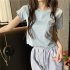 Women Short Sleeves Blouse Trendy Round Neck Sweet Embroidered Ruffled T shirt Sexy Slim Fit Crop Tops black M