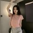 Women Short Sleeves Blouse Trendy Round Neck Sweet Embroidered Ruffled T shirt Sexy Slim Fit Crop Tops fog blue XXL