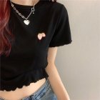 Women Short Sleeves Blouse Trendy Round Neck Sweet Embroidered Ruffled T-shirt Sexy Slim Fit Crop Tops black M