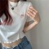 Women Short Sleeves Blouse Trendy Round Neck Sweet Embroidered Ruffled T shirt Sexy Slim Fit Crop Tops black M