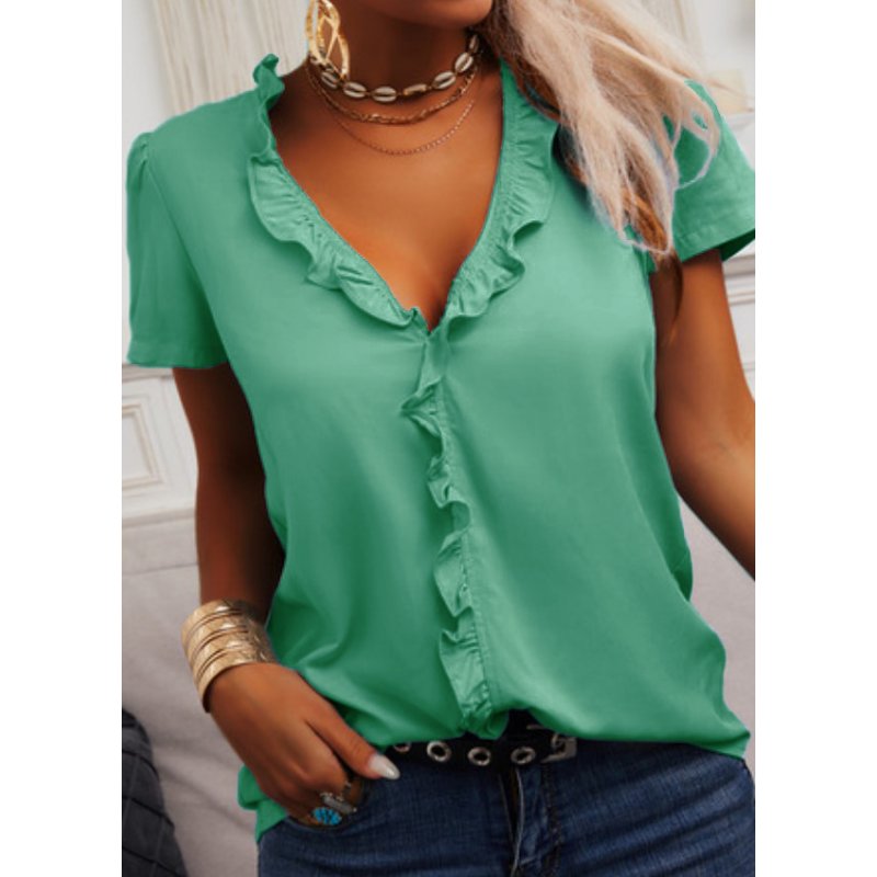 Women Short Sleeves Blouse Fashion V Neck Elegant Ruffled T-shirt Simple Solid Color Casual Pullover Tops green XL