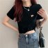 Women Short Sleeves Blouse Trendy Round Neck Sweet Embroidered Ruffled T shirt Sexy Slim Fit Crop Tops black XXL