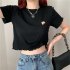 Women Short Sleeves Blouse Trendy Round Neck Sweet Embroidered Ruffled T shirt Sexy Slim Fit Crop Tops black XXL