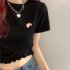 Women Short Sleeves Blouse Trendy Round Neck Sweet Embroidered Ruffled T shirt Sexy Slim Fit Crop Tops black XXL