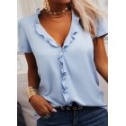 Women Short Sleeves Blouse Fashion V Neck Elegant Ruffled T-shirt Simple Solid Color Casual Pullover Tops blue 3XL