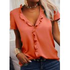 Women Short Sleeves Blouse Fashion V Neck Elegant Ruffled T-shirt Simple Solid Color Casual Pullover Tops orange XL