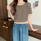 Women Short Sleeves Blouse Summer Fashion Contrast Color Checkerboard Knitted Tops Round Neck Casual Shirt Khaki One size [35-57.5kg]