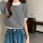 Women Short Sleeves Blouse Summer Fashion Contrast Color Checkerboard Knitted Tops Round Neck Casual Shirt White One size [35-57.5kg]