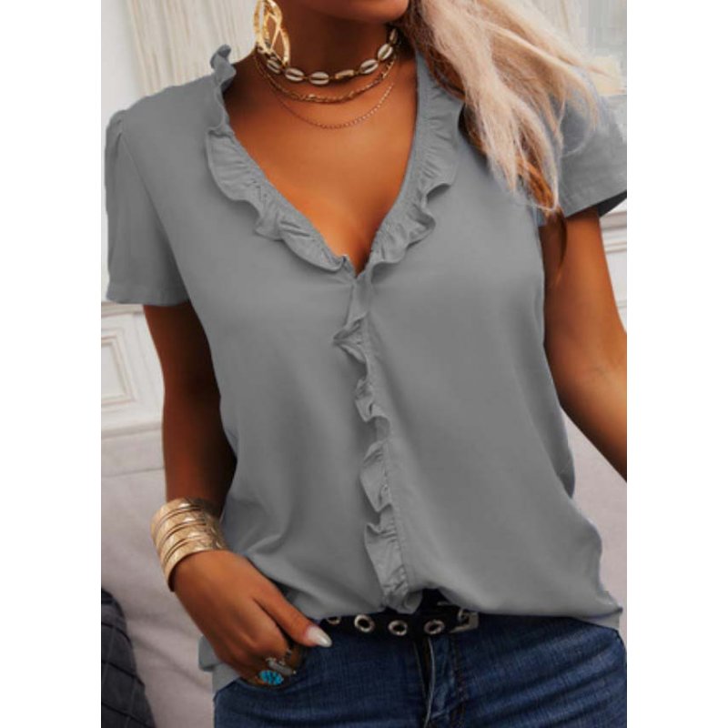 Women Short Sleeves Blouse Fashion V Neck Elegant Ruffled T-shirt Simple Solid Color Casual Pullover Tops grey L