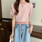 Women Short Sleeves Blouse Summer Fashion Contrast Color Checkerboard Knitted Tops Round Neck Casual Shirt pink One size [35-57.5kg]