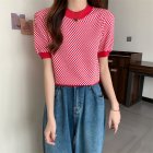 Women Short Sleeves Blouse Summer Fashion Contrast Color Checkerboard Knitted Tops Round Neck Casual Shirt red One size [35-57.5kg]