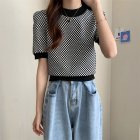 Women Short Sleeves Blouse Summer Fashion Contrast Color Checkerboard Knitted Tops Round Neck Casual Shirt black One size [35-57.5kg]