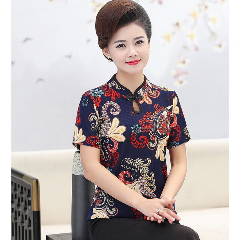 Women Short Sleeves Cheongsam T-shirt Ethnic Style Printing Stand Collar Tops Large Size Slim Fit Blouse navy blue 5XL