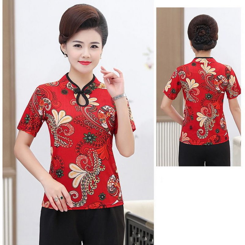 Women Short Sleeves Cheongsam T-shirt Ethnic Style Printing Stand Collar Tops Large Size Slim Fit Blouse red 3XL