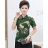 Women Short Sleeves Cheongsam T shirt Ethnic Style Printing Stand Collar Tops Large Size Slim Fit Blouse green 5XL