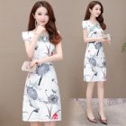 Women Short Sleeves Cheongsam Dress Summer Fashion Retro Printed Bodycon Skirt Round Neck High Waist Dress White M