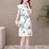 Women Short Sleeves Cheongsam Dress Summer Fashion Retro Printed Bodycon Skirt Round Neck High Waist Dress White 3XL