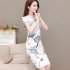 Women Short Sleeves Cheongsam Dress Summer Fashion Retro Printed Bodycon Skirt Round Neck High Waist Dress White 3XL