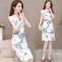 Women Short Sleeves Cheongsam Dress Summer Fashion Retro Printed Bodycon Skirt Round Neck High Waist Dress White 3XL
