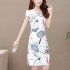 Women Short Sleeves Cheongsam Dress Summer Fashion Retro Printed Bodycon Skirt Round Neck High Waist Dress White 3XL