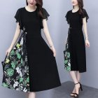 Women Short Sleeves Chiffon Dress Casual Round Neck Printing Midi Skirt Elegant Flying Sleeves High Waist Dress black XXXL
