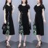 Women Short Sleeves Chiffon Dress Casual Round Neck Printing Midi Skirt Elegant Flying Sleeves High Waist Dress black XL