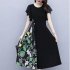 Women Short Sleeves Chiffon Dress Casual Round Neck Printing Midi Skirt Elegant Flying Sleeves High Waist Dress black XL